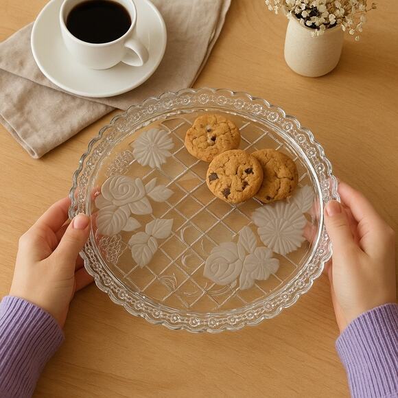 Napoli Frosted Embossed Crystal Cake Platter 14"x4" – Floral Leaf Lattice Design - Picture 1 of 12